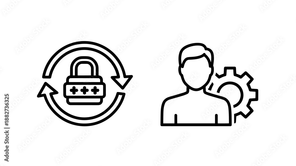 Fototapeta premium User account security and settings icons featuring password lock cycle and human profile with technical gear, authentication concept.