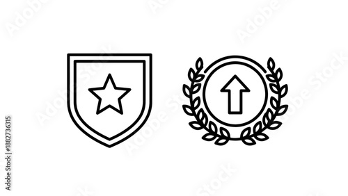 Achievement and security icons featuring shield with star and laurel wreath with upward arrow circle, awards and excellence concept.
