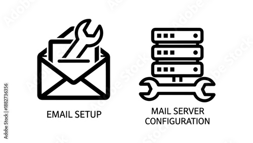 IT communication email setup and mail server configuration icons featuring envelope and server racks with technical wrench tools.