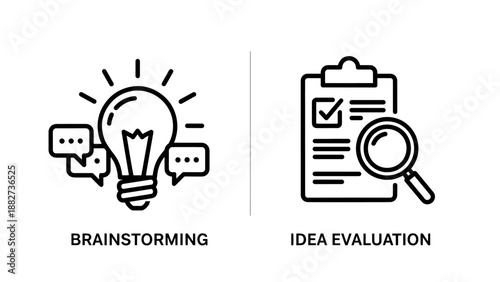 Creative innovation icons for brainstorming and idea evaluation showing lightbulb speech bubbles and a research checklist