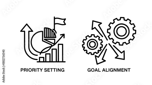 Strategic project management icons for priority setting and goal alignment featuring gears arrows and progress charts
