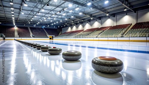 Curling stones aligned on the ice rink with empty spectator stands in the background from a forward viewpoint