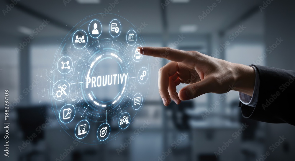 Fototapeta premium Productivity Enhancement: Hand Interacting with Digital Interface for Efficiency and Workflow Optimization
