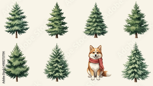 A dog wearing a scarf sits among watercolor pine trees