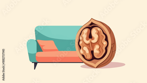 A modern armchair and a halved walnut on a light background