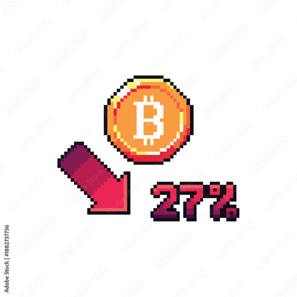 Fototapeta premium Pixel art vector bitcoin go down 27% from all time high. good for your project 