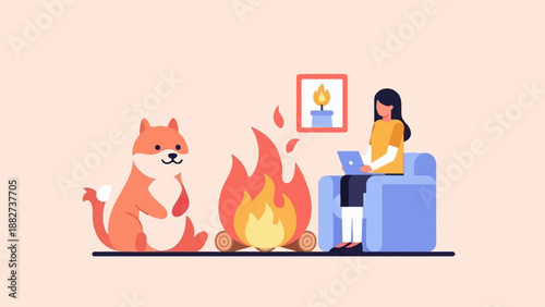 A person works on laptop near a campfire with a cute fox