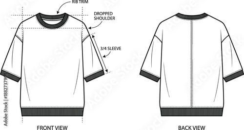 Professional technical fashion illustration of dropped shoulder rib trim top with 3/4 sleeves, front and back view – vector apparel design