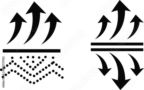 Airflow icon set, breathability and ventilation symbols, textile function graphics, material property indicators, flat vector illustration