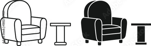 Armchair and side table icons, furniture silhouette set, interior decor elements, black and white style, flat vector illustration