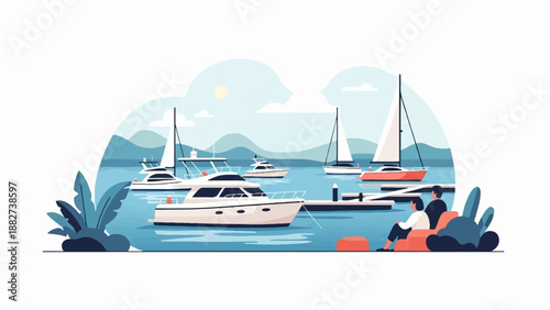 A serene harbor scene with yachts, sailboats, and people relaxing by the water