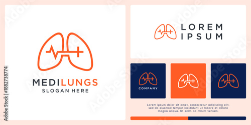 Medic lungs logo design with line cross pulse.
