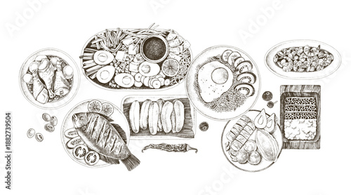 Indonesian cuisine hand drawn vector