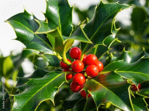 Bright red holly berries on green leaves in natural outdoor setting