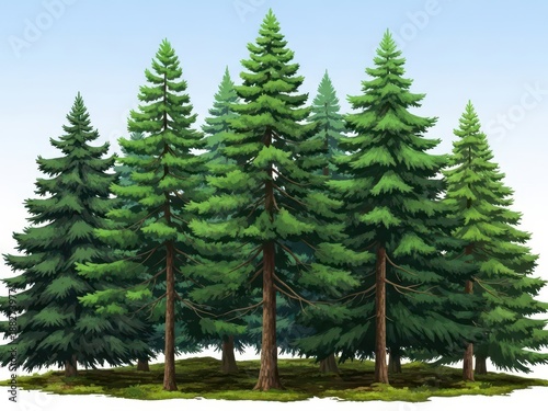 Dense green pine forest with tall evergreen trees under clear sky