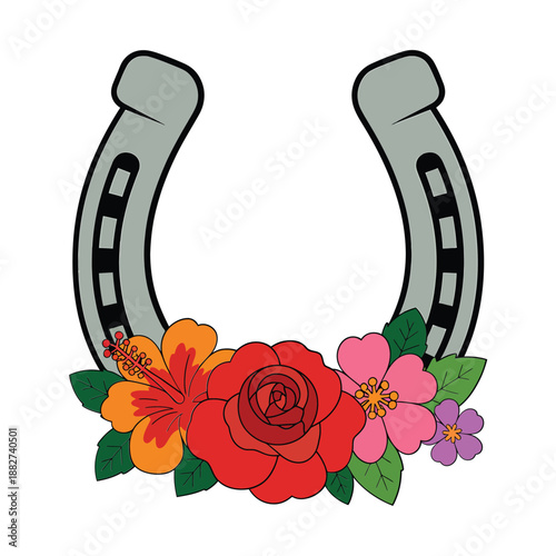 a gray horseshoe decorated with vibrant flowers in a cheerful colorful illustration