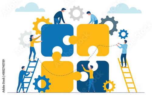 people collaborating to connect puzzle pieces representing teamwork and project completion