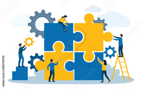 people collaborating to connect puzzle pieces representing teamwork and problem solving