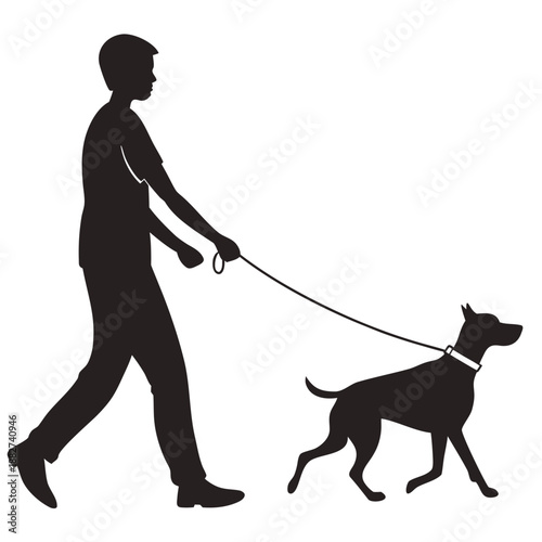 a man walking his dog on a leash in a simple silhouette style illustration high quality
