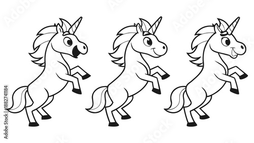 Three adorable unicorns prancing with joyful expressions depicted in a simple black and white line drawing style