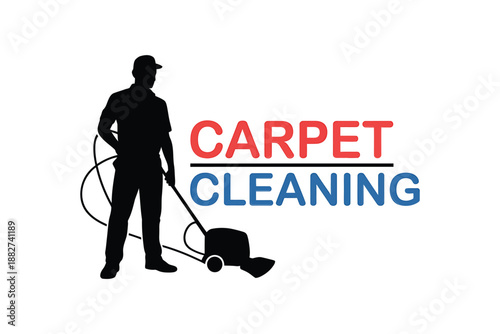 a silhouette of a carpet cleaner holding equipment with the words carpet cleaning