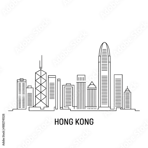 a detailed outline drawing depicting the iconic hong kong skyline cityscape