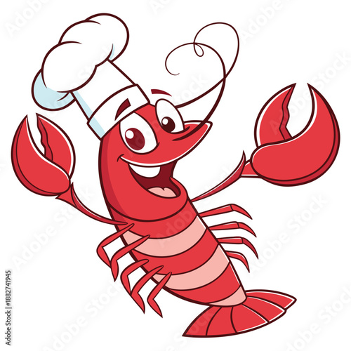 A cheerful cartoon lobster wearing a white chef s hat cheerfully waves presenting a culinary delight