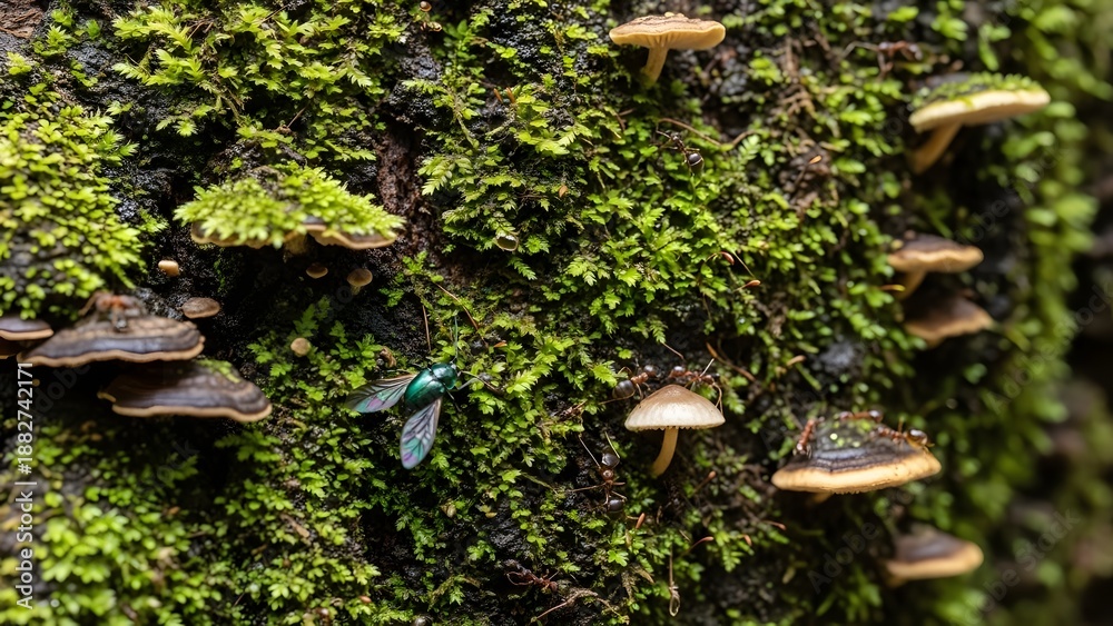 Fototapeta premium Rainforest Tree Trunk Ecosystem with Wild Mushrooms, Green Moss, Ants, and a Metallic Beetle