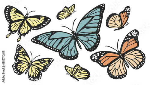 A vibrant collection of sketched butterflies displaying intricate wing patterns and pastel color variations high quality