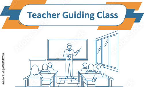 Black outline vector of a teacher presenting a lesson to students in a classroom