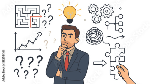 A businessman in a suit thinking with problem solving and strategy icons around him