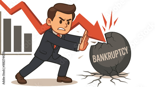 A stressed businessman trying to stop a large boulder labeled bankruptcy from rolling down.