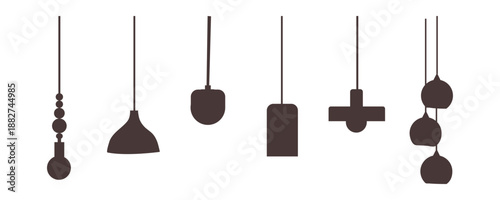 Lamp silhouette icon set. Black color logos floor lamp, nightlights, chandeliers ceiling lamp, table lamp. Modern interior light furniture. Flat silhouette vector illustration isolated on white. Hand 