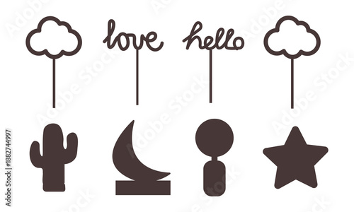 Lamp silhouette icon set. Black color logos floor lamp, nightlights, chandeliers ceiling lamp, table lamp. Modern interior light furniture. Flat silhouette vector illustration isolated on white. Hand 