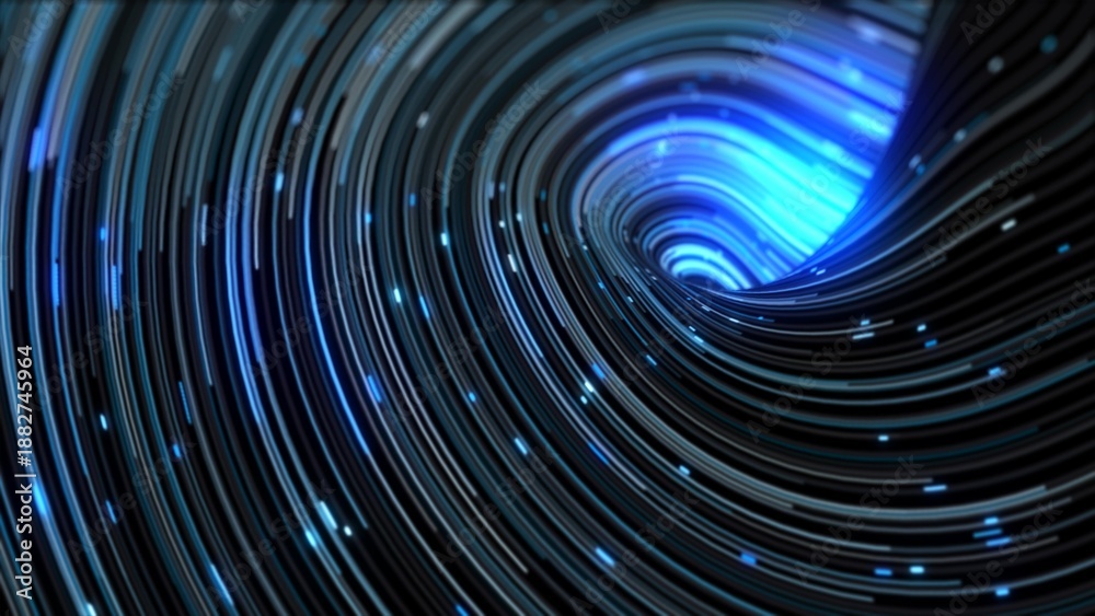 Fototapeta premium Blue energy abstract swirling curved swirl lines of glowing bright magical energy streaks and flying particles background