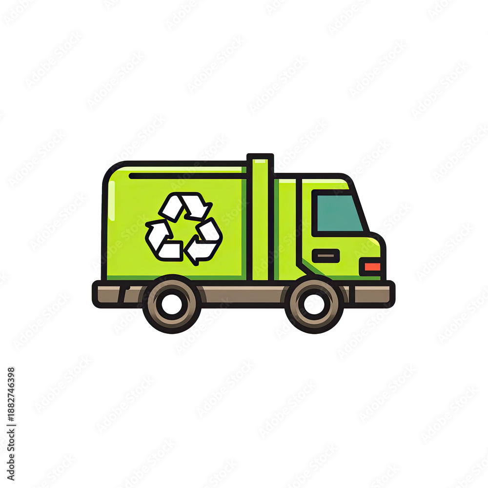 Fototapeta premium Green Recycling Truck Icon Flat Style Outline Isolated on White Background for Eco-Friendly Services