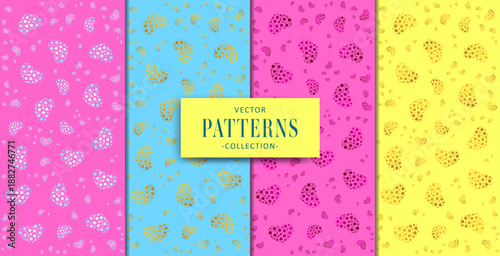 Vibrant collection of four seamless vector patterns featuring delicate gold paisley shapes on bright backgrounds.