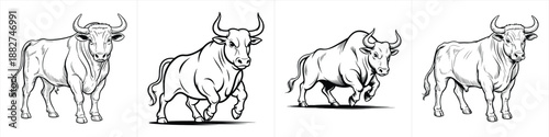 collection of hand drawn bull and ox outlines in various poses detailed line art sketch vector illustration set black and white clipart design vector illustration artwork
