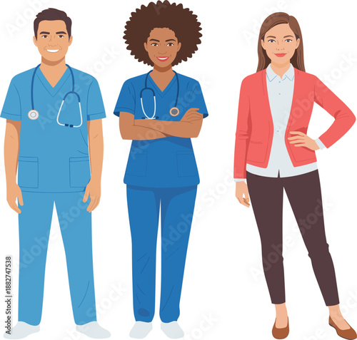 Diverse medical professionals character vector set, healthcare team of nurses and doctors in blue hospital scrub