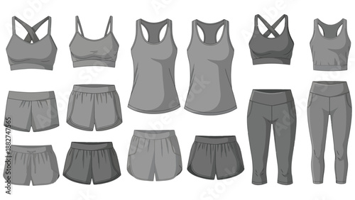 Collection of gray activewear clothing illustrations for womens fitness
