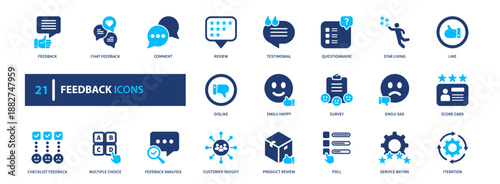 Customer feedback solid style icon set. Collection of survey, testimonial, rating, satisfaction, and user experience symbols in modern blue vector.
