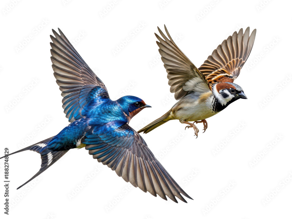 Fototapeta premium Two birds in mid flight with wings spread wide isolated on transparent background