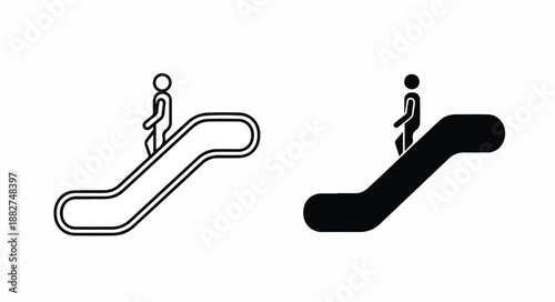 Flat lay illustration of two stick figures riding escalators in black and white on a plain background.