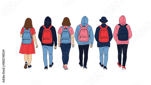 Six students with colorful backpacks walking away together