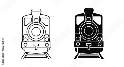 Illustration of two vintage steam locomotive engines in black and white line art on a plain white background.