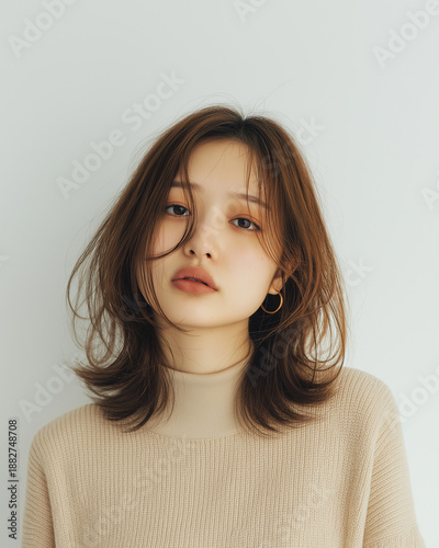 スキンケア, ヘアスタイル, メイク, ファッション, 日本人, 女性, 20代, アジア人, 美人, ポートレート, 美容, スキンケア, 美肌, ナチュラル,    白, 清潔感, 透明感, ライフスタイル, 若い, 可愛い, 清楚, モデル, 屋内, 明るい, 柔らかい光, コピースペース, 広告, ウェブ素材, 化粧品, エステ, 健康, 爽やか, 上品, 微笑み, 視線, 高画質, Z世