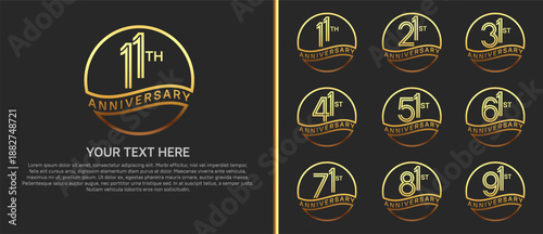 anniversary logo set with circle. gold color on black background for celebration moment