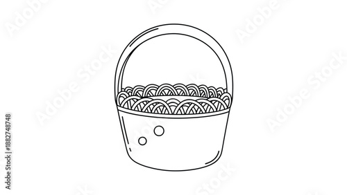 Simple black and white line art illustration of an empty wicker basket for eggs or fruit on a white background.