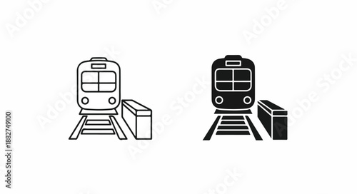 Black and white illustration of two train heads with luggage on tracks against a plain background.