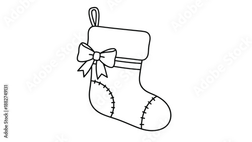 Minimalist black and white line drawing of a traditional Christmas stocking with a decorative bow for coloring.